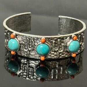 Unisex Silver Turquoise Cuff Bracelet Saguaro Western Southwestern Gift Cactus